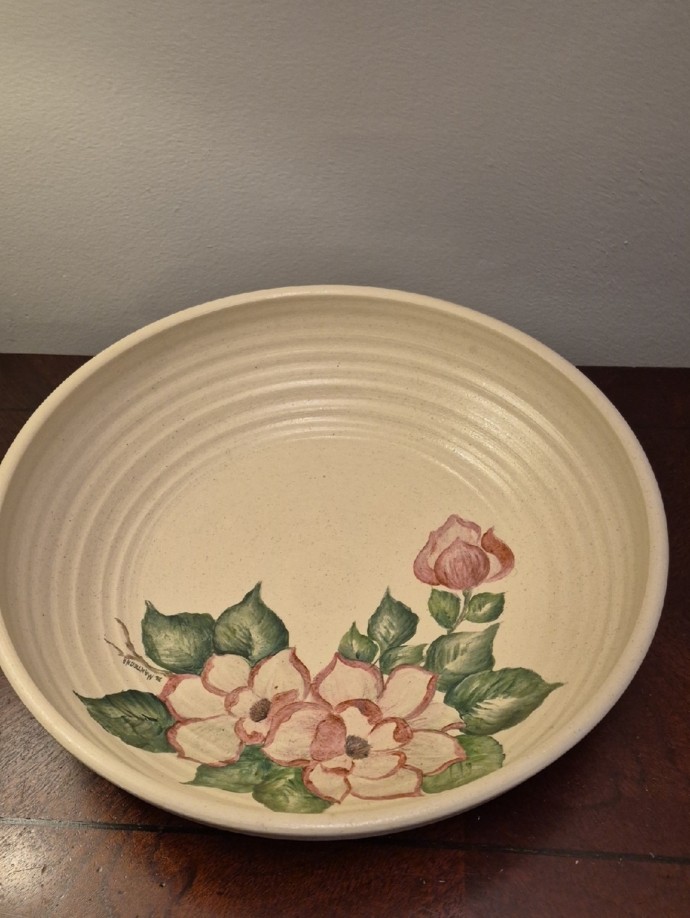 B. Mantegna Hand-Painted Floral Mixing Bowl - Cream with Green and Pink Accents